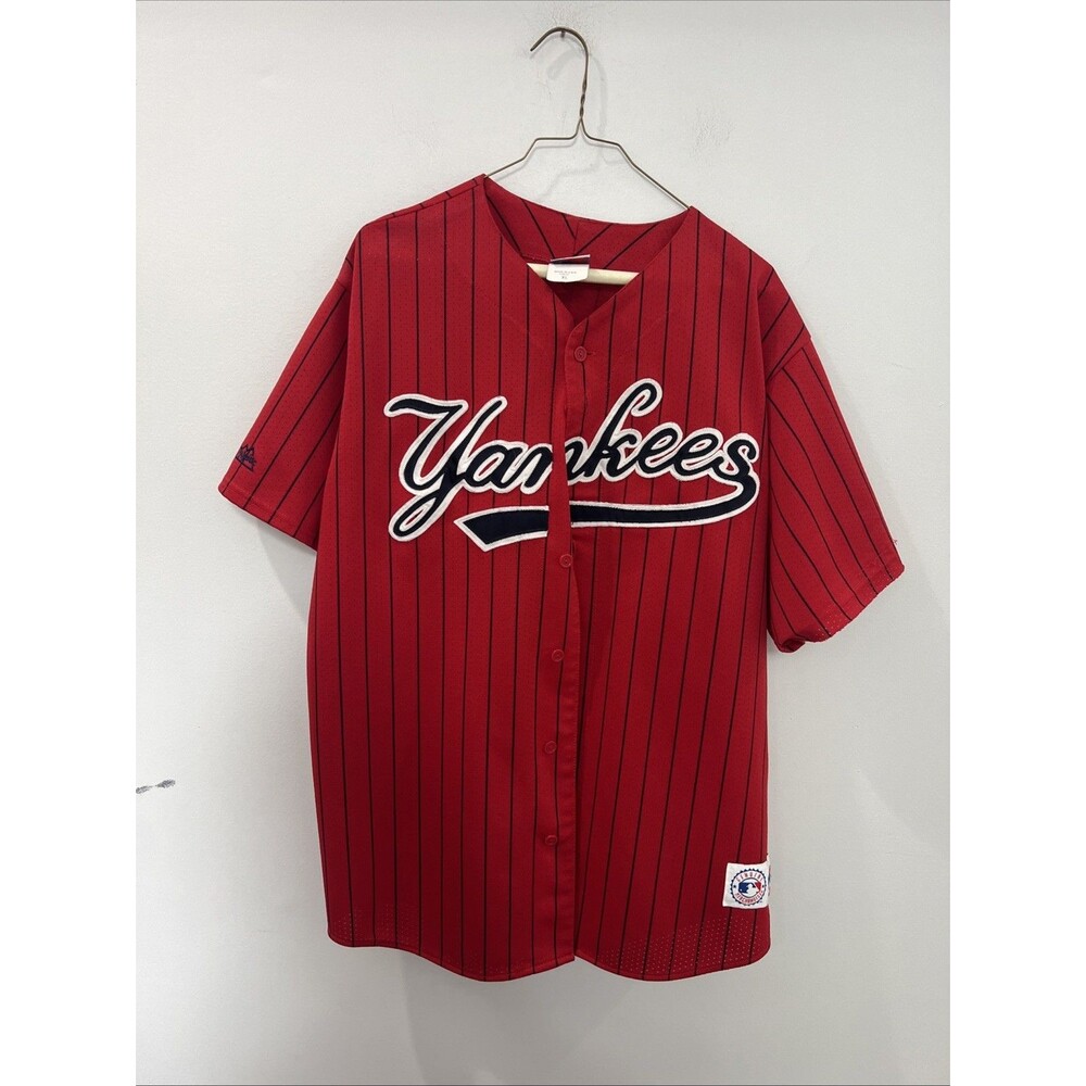 Vintage New York Yankees Red Jersey Mens XL Majestic USA Pinstripes Script